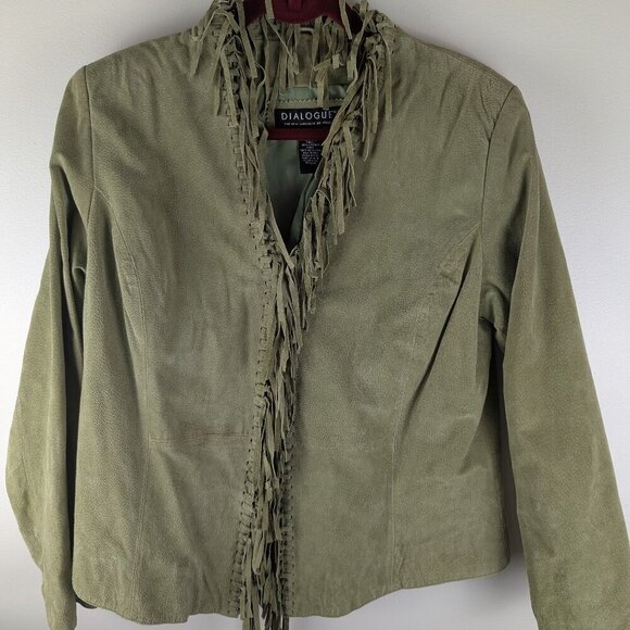Vintage Y2K Dialogue Suede Leather Fringe Jacket Western Olive Green Med - Picture 1 of 4